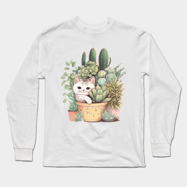 Cat and Plants Long Sleeve T-Shirt by larfly